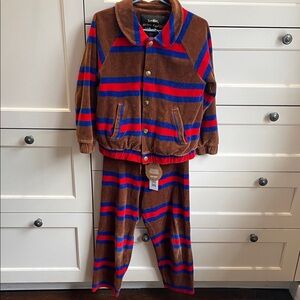 Mini Rodini Brown Velour Tracksuit with Blue and Red Stripes